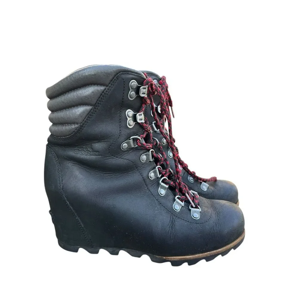 SOREL Conquest Womens Size 8 Black Leather Wedge Heel Lace Up Boots NL2337-010‎